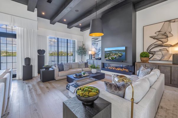 Fireplace, Interior, Living room, Pendant Lights, Recessed Lighting, Wooden Beams, Wood Texture Flooring