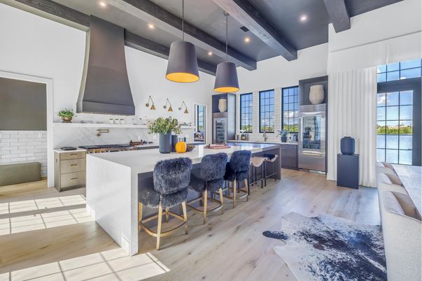 Interior, Kitchen, Pendant Lights, Recessed Lighting, Stainless Steel Appliances, Wooden Beams, Wood Texture Flooring