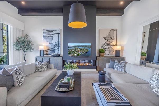 Interior, Living room, Pendant Lights, Recessed Lighting, Wooden Beams, Wood Texture Flooring