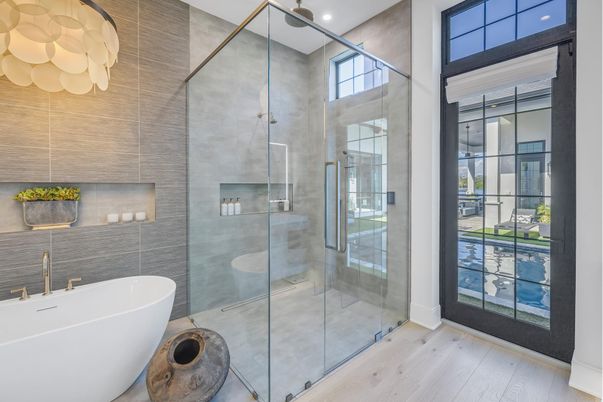 Bathroom, Free Standing Baths, Glass Shower, Interior, Recessed Lighting, Wood Texture Flooring