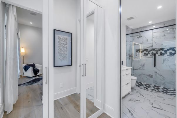 Bathroom, Glass Shower, Interior, Marble, Marble Walls, Recessed Lighting, Wood Texture Flooring