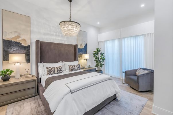 Bedroom, Chandelier, Interior, Recessed Lighting, Wood Texture Flooring