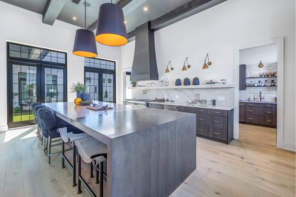 Interior, Kitchen, Pendant Lights, Recessed Lighting, Wooden Beams, Wood Texture Flooring