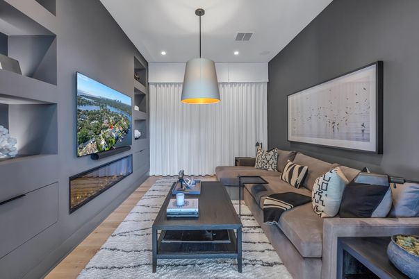 Interior, Living room, Pendant Lights, Recessed Lighting, Wood Texture Flooring
