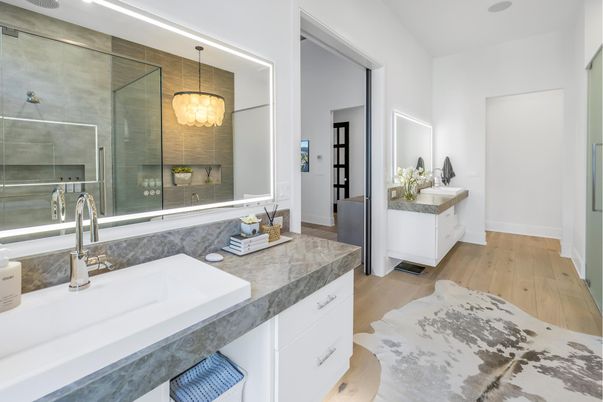 Bathroom, Glass Shower, Interior, Pendant Lights, Wood Texture Flooring