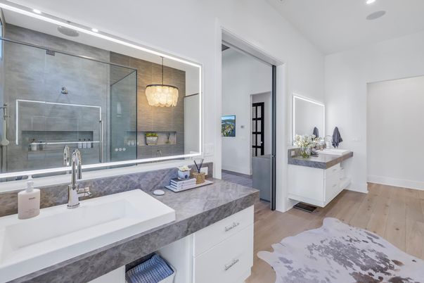 Bathroom, Glass Shower, Interior, Pendant Lights, Recessed Lighting, Wood Texture Flooring