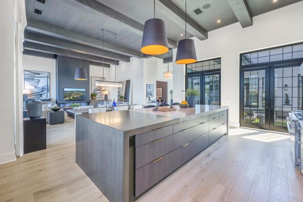 Interior, Kitchen, Living room, Pendant Lights, Recessed Lighting, Wooden Beams, Wood Texture Flooring