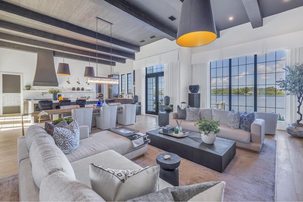 Dining room, Interior, Kitchen, Living room, Pendant Lights, Recessed Lighting, Wooden Beams, Wood Texture Flooring