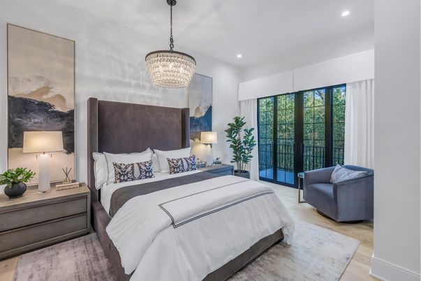 Bedroom, Chandelier, Interior, Recessed Lighting, Wood Texture Flooring