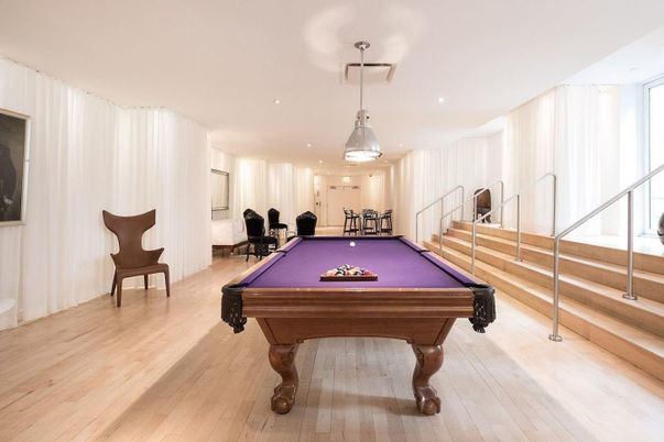 Billiard Table, Game Room, Interior, Pendant Lights, Recessed Lighting, Wood Texture Flooring