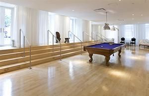 Billiard Table, Game Room, Interior, Pendant Lights, Recessed Lighting, Wood Texture Flooring