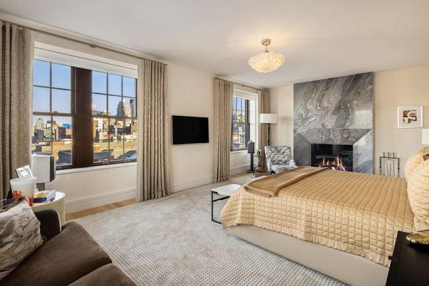 Bedroom, Chandelier, Fireplace, Interior, Wood Texture Flooring