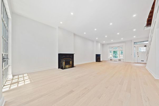Empty room, Fireplace, Interior, Recessed Lighting, Wood Texture Flooring
