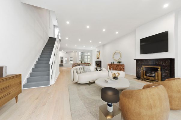 Fireplace, Interior, Living room, Piano, Recessed Lighting, Wood Texture Flooring