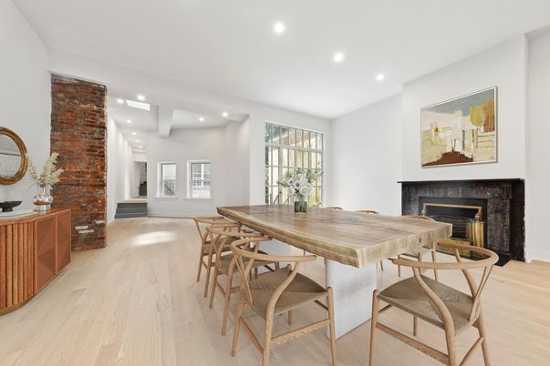 Dining room, Fireplace, Interior, Recessed Lighting, Stone Walls, Wood Texture Flooring
