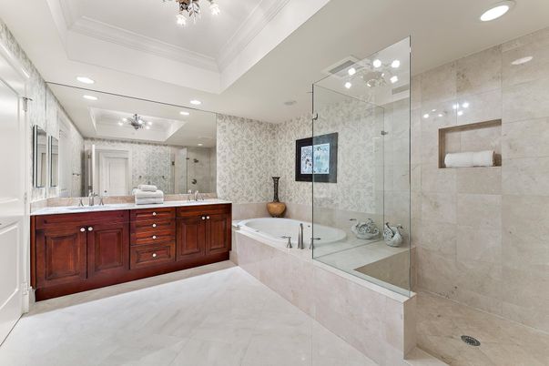 Bathroom, Dual Sink Vanities, Glass Shower, Interior, Recessed Lighting