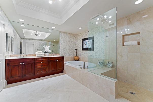 Bathroom, Dual Sink Vanities, Glass Shower, Interior, Recessed Lighting