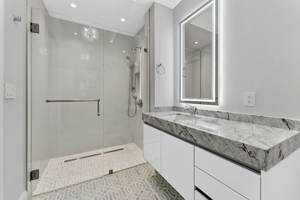 Bathroom, Glass Shower, Interior, Recessed Lighting