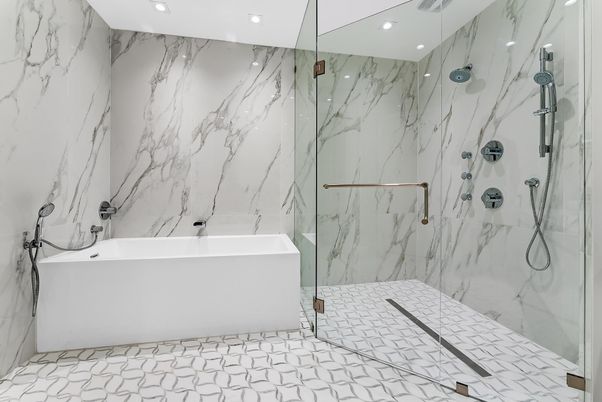 Bathroom, Glass Shower, Interior, Marble Walls, Recessed Lighting