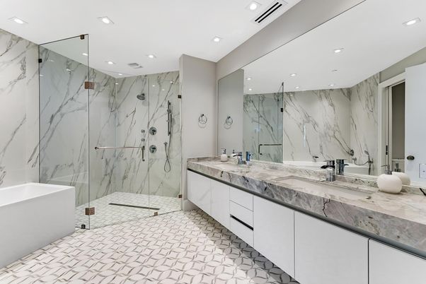 Bathroom, Dual Sink Vanities, Free Standing Baths, Glass Shower, Interior, Marble, Marble Walls, Recessed Lighting