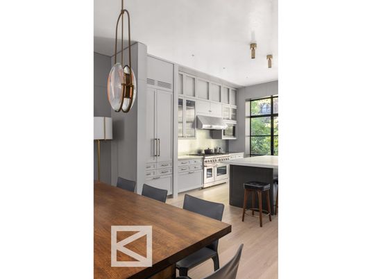 Dining room, Interior, Kitchen, Pendant Lights, Stainless Steel Appliances, Wood Texture Flooring