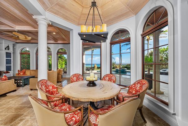 Dining room, Interior, Living room, Pendant Lights, Recessed Lighting, Water, Wooden Beams, Wooden Ceilings
