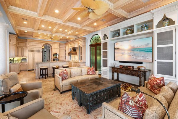 Interior, Kitchen, Living room, Recessed Lighting, Stainless Steel Appliances, Wooden Beams, Wooden Ceilings
