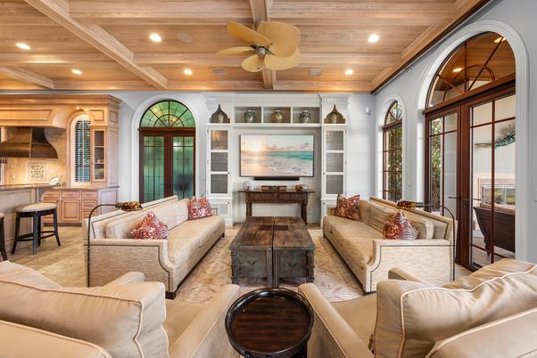Interior, Living room, Recessed Lighting, Wooden Ceilings