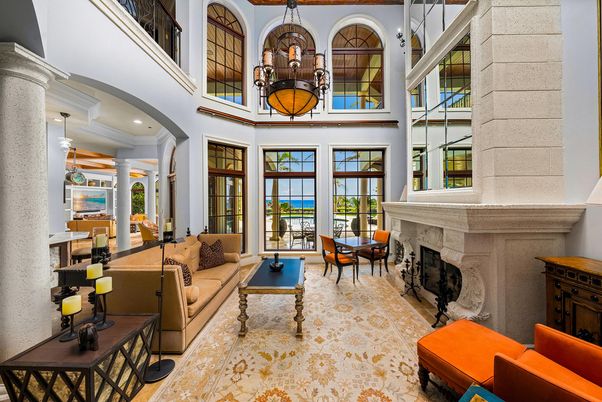 Dining room, Fireplace, Interior, Living room, Pendant Lights, Recessed Lighting, Stone Walls