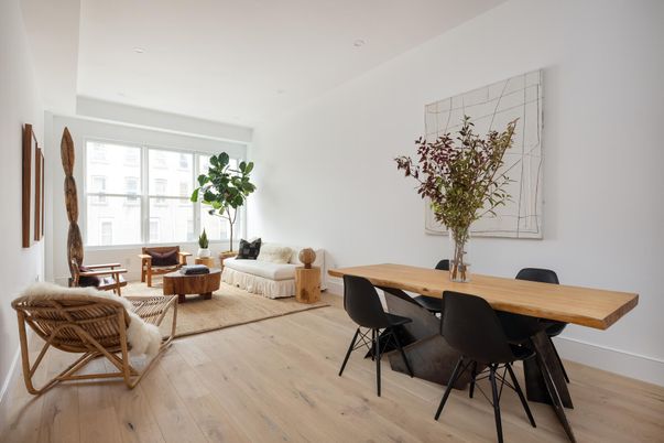 Dining room, Interior, Living room, Recessed Lighting, Wood Texture Flooring