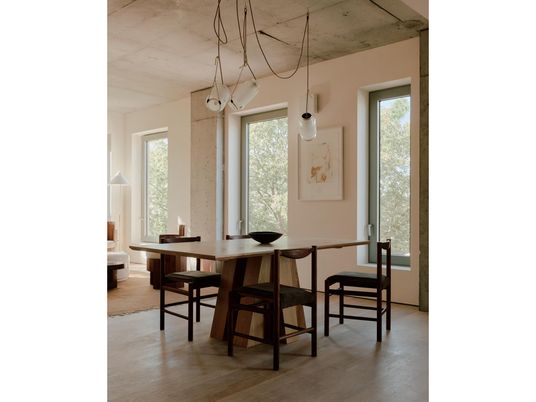 Dining room, Interior, Pendant Lights, Wood Texture Flooring