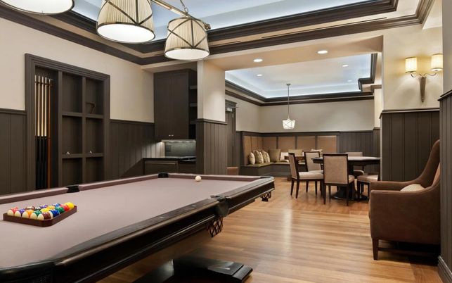 Billiard Table, Dining room, Game Room, Interior, Pendant Lights, Recessed Lighting, Wood Texture Flooring