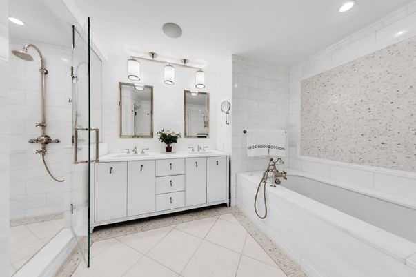 Bathroom, Dual Sink Vanities, Glass Shower, Interior, Recessed Lighting