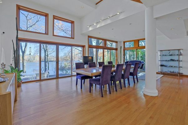 Dining room, Interior, Recessed Lighting, Wood Texture Flooring
