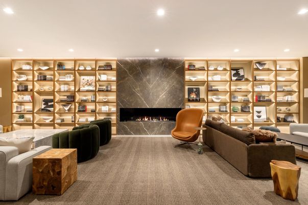 Fireplace, Interior, Living room, Marble Walls, Recessed Lighting
