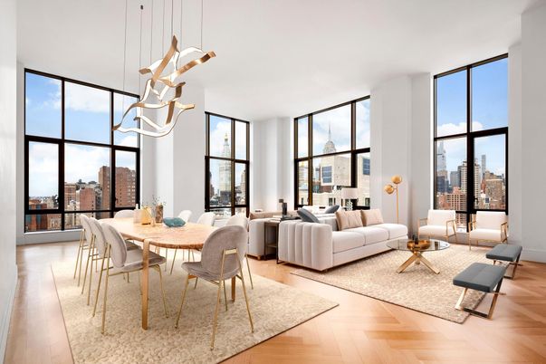Dining room, Interior, Living room, Pendant Lights, Wood Texture Flooring