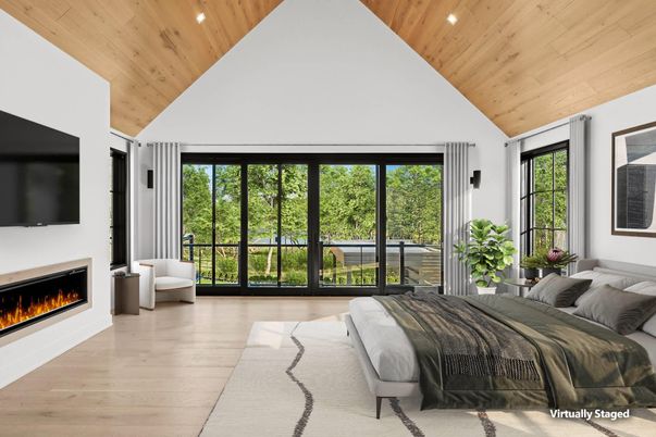 Bedroom, Fireplace, Interior, Recessed Lighting, Wooden Ceilings, Wood Texture Flooring