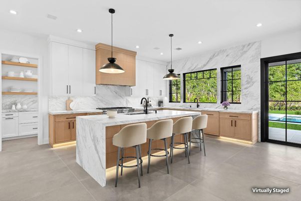 Interior, Kitchen, Marble Walls, Pendant Lights, Recessed Lighting