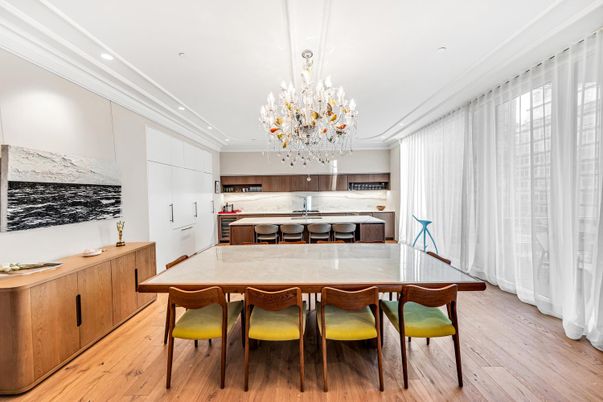Chandelier, Dining room, Interior, Kitchen, Recessed Lighting, Stainless Steel Appliances, Wood Texture Flooring