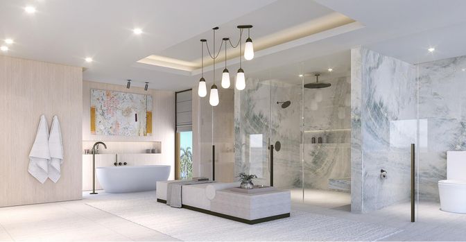 Bathroom, Dual Sink Vanities, Free Standing Baths, Glass Shower, Interior, Marble Walls, Pendant Lights, Recessed Lighting