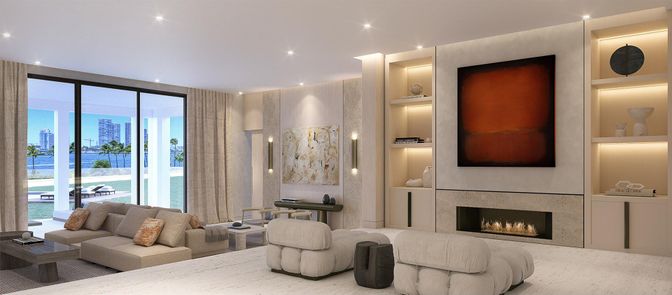 Fireplace, Interior, Living room, Recessed Lighting, Water