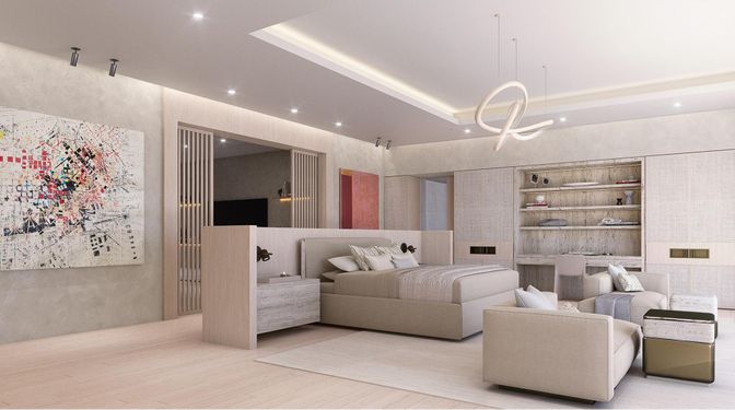 Bedroom, Interior, Pendant Lights, Recessed Lighting, Wood Texture Flooring