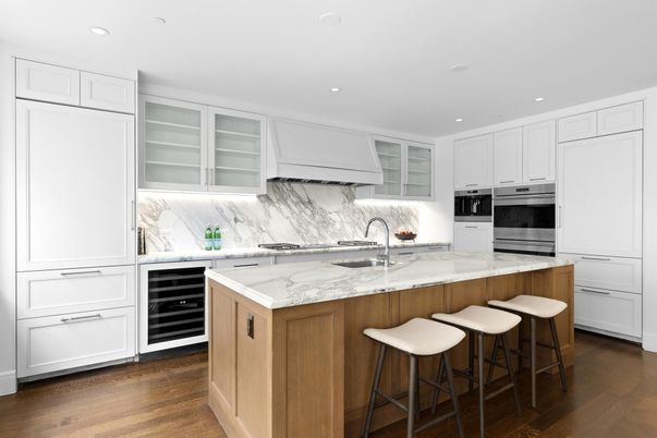 Interior, Kitchen, Marble Walls, Recessed Lighting, Stainless Steel Appliances, Wood Texture Flooring