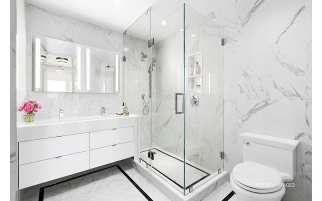 Bathroom, Glass Shower, Interior, Marble, Marble Walls, Recessed Lighting