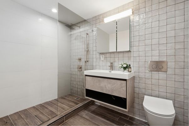 Bathroom, Glass Shower, Interior, Recessed Lighting, Wood Texture Flooring