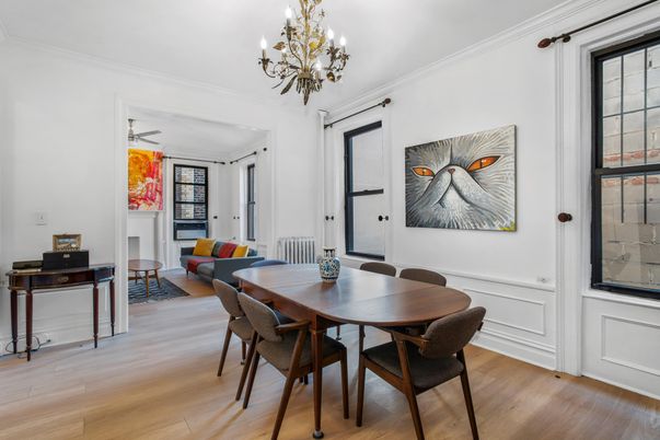Chandelier, Dining room, Interior, Wood Texture Flooring