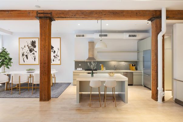 Dining room, Interior, Kitchen, Pendant Lights, Recessed Lighting, Stainless Steel Appliances, Wood Texture Flooring