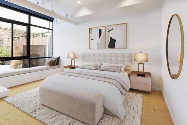 Bedroom, Interior, Recessed Lighting, Wood Texture Flooring