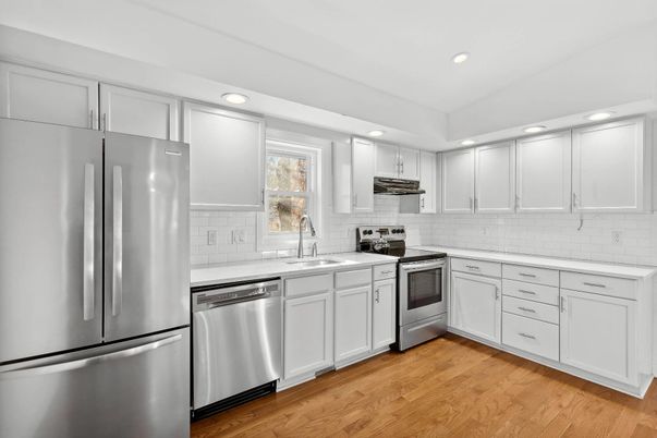 Interior, Kitchen, Recessed Lighting, Stainless Steel Appliances, Wood Texture Flooring