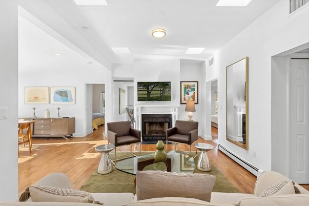 Fireplace, Interior, Living room, Recessed Lighting, Wood Texture Flooring
